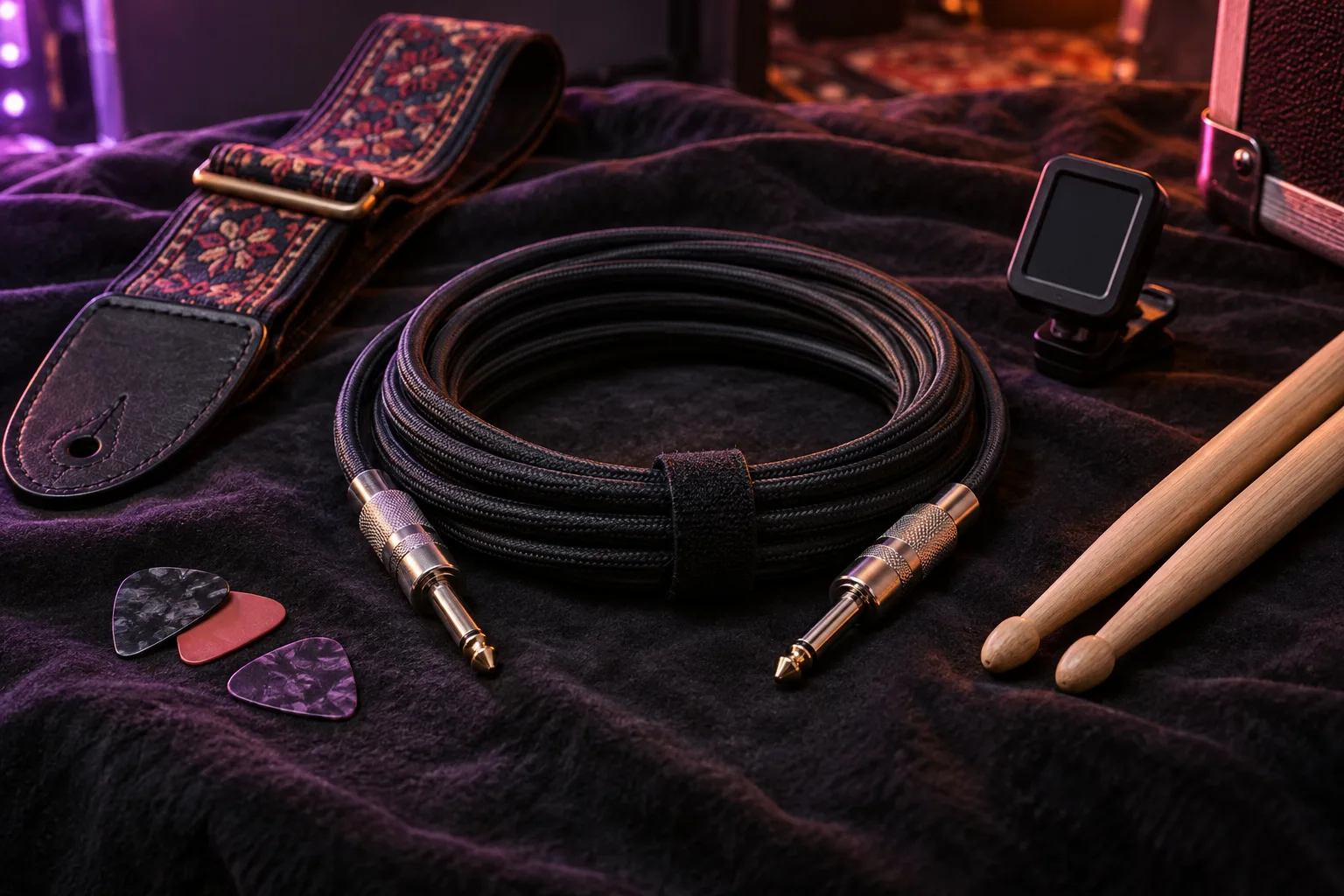 Câbles, médiators et accessoires de musique sur un tissu sombre, illustration