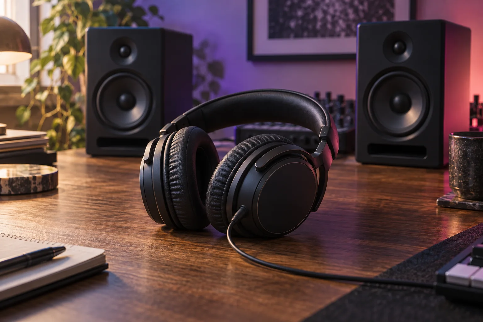 Casque et enceintes de studio sur un bureau, illustration