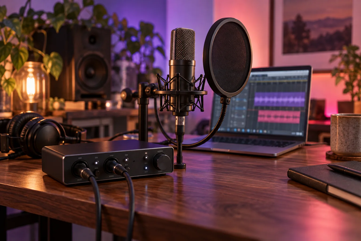 Microphone et interface audio sur un bureau de home studio, illustration