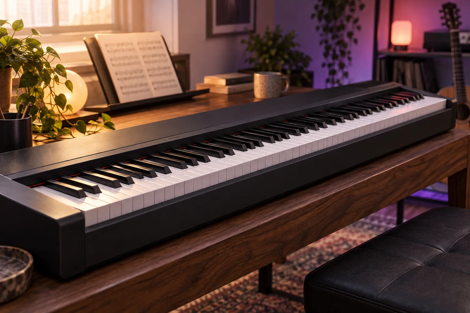 Clavier de piano dans une pièce de pratique musicale, illustration