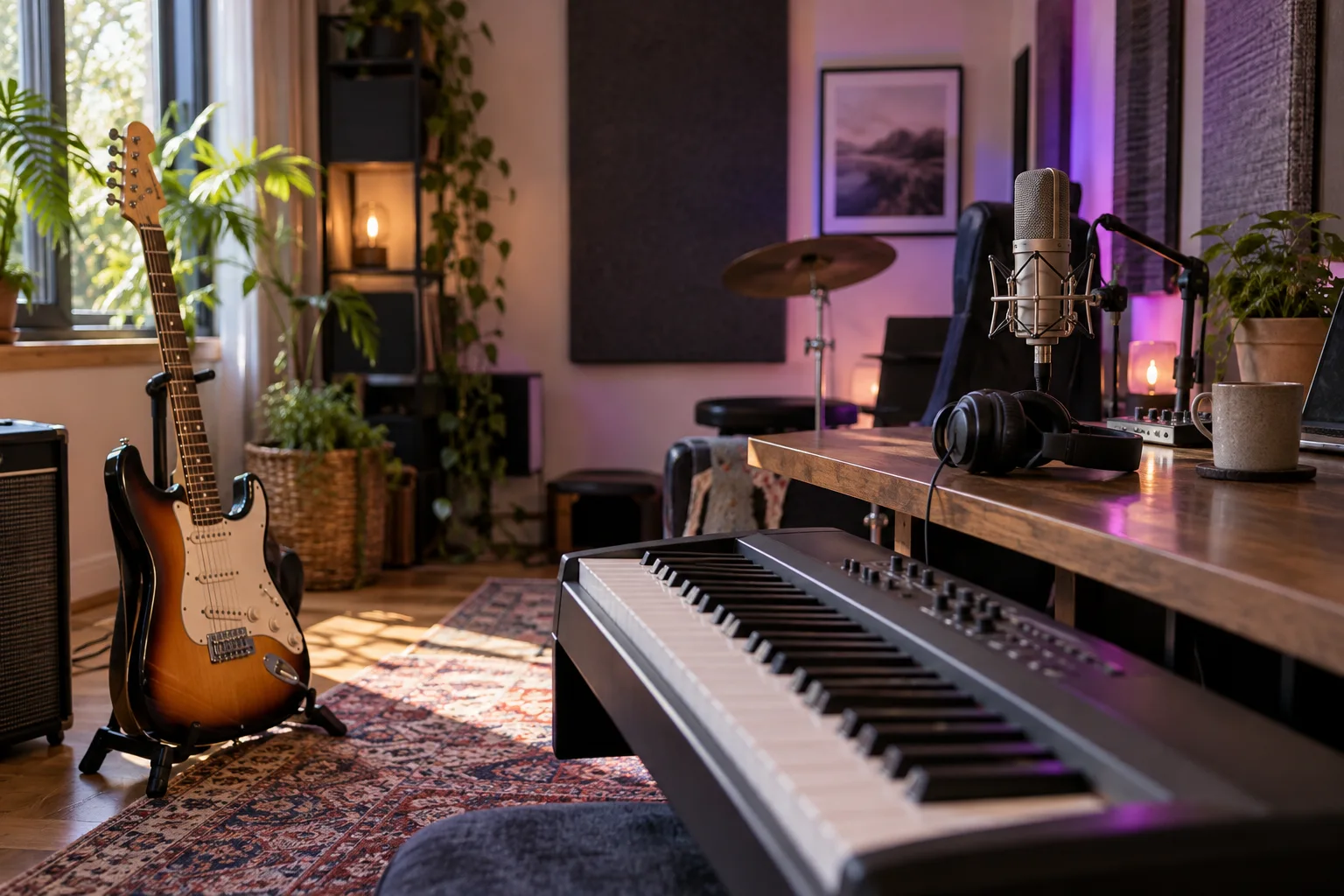 Espace de création musicale avec guitare, clavier et matériel de studio — illustration générée