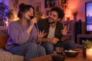 Deux amis répètent une chanson au micro dans un salon — illustration générée