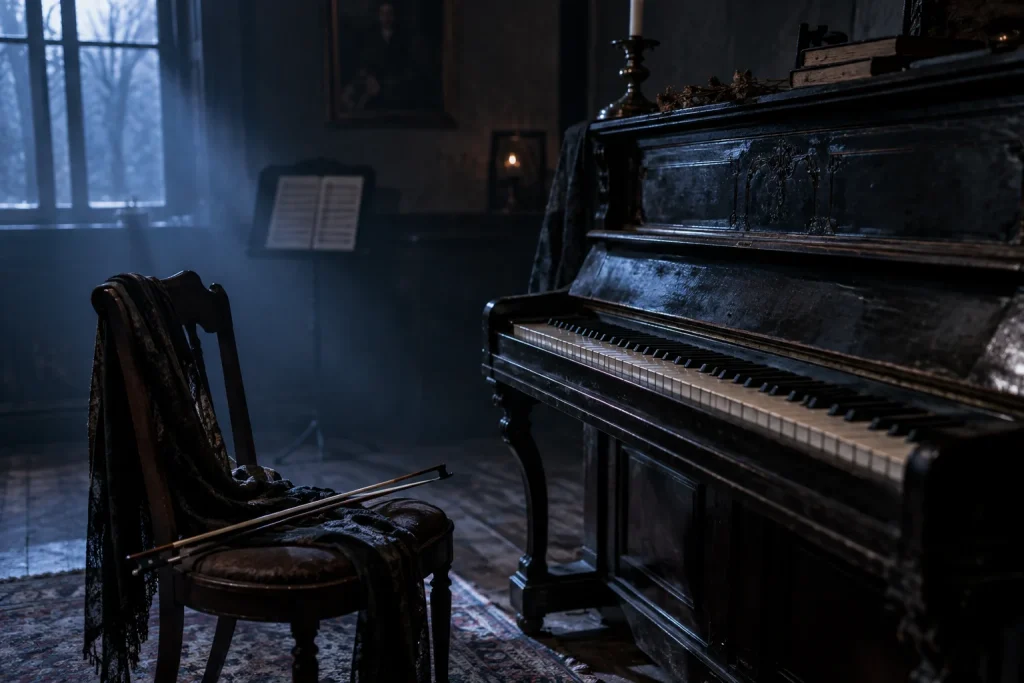 Piano ancien dans une pièce sombre à l’atmosphère inquiétante — illustration générée