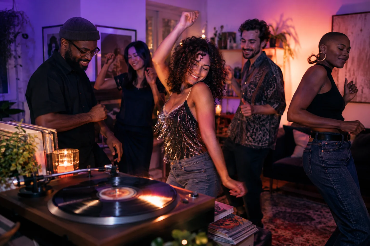 Amis dansant autour d’une platine dans une soirée à la maison — illustration générée