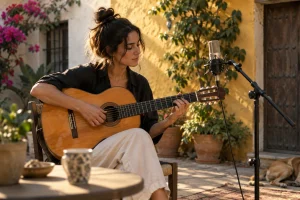 Guitariste dans une cour ensoleillée avec un microphone — illustration générée