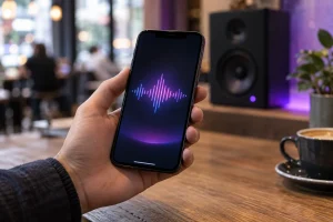 Téléphone affichant une onde sonore près d’une enceinte — illustration générée