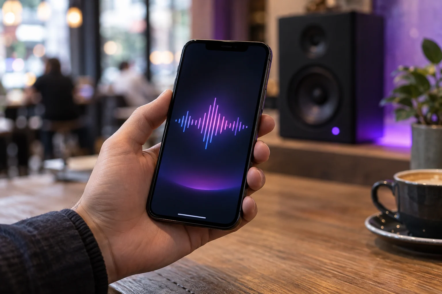 Téléphone affichant une onde sonore près d’une enceinte — illustration générée