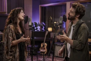 Deux personnes répètent un duo avec des microphones — illustration générée
