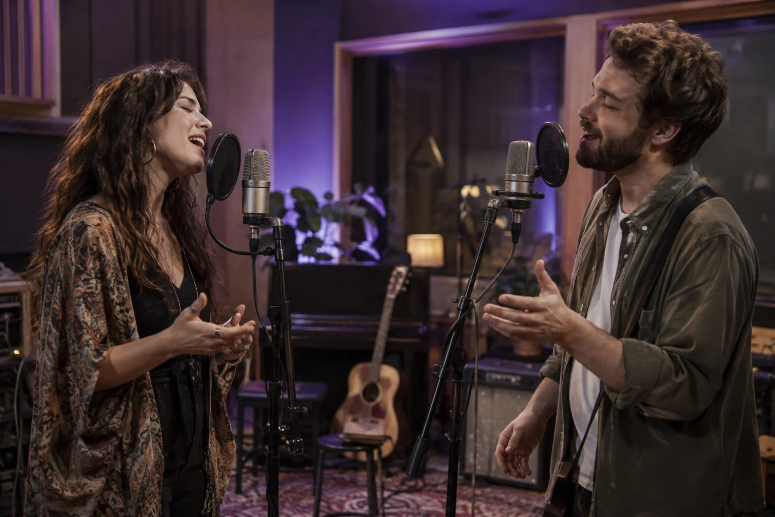 Deux personnes répètent un duo avec des microphones — illustration générée