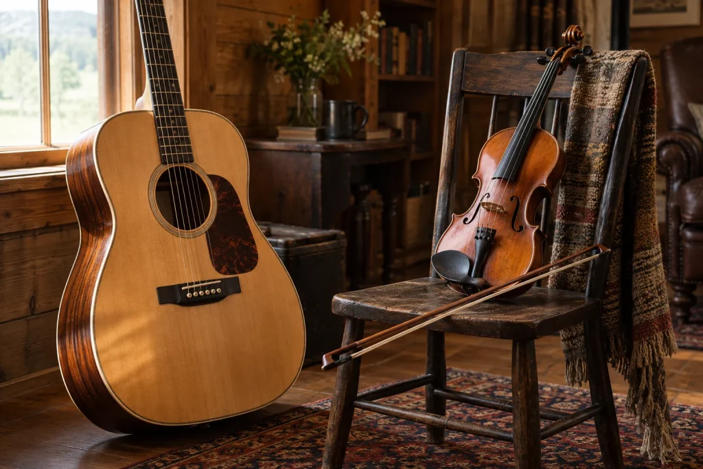 Guitare acoustique et violon dans une pièce de musique — illustration générée